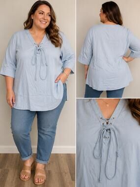 Women’s 2XL Light Blue Linen Blend Lace-Up V-Neck Tunic Blouse 3/4 Sleeve